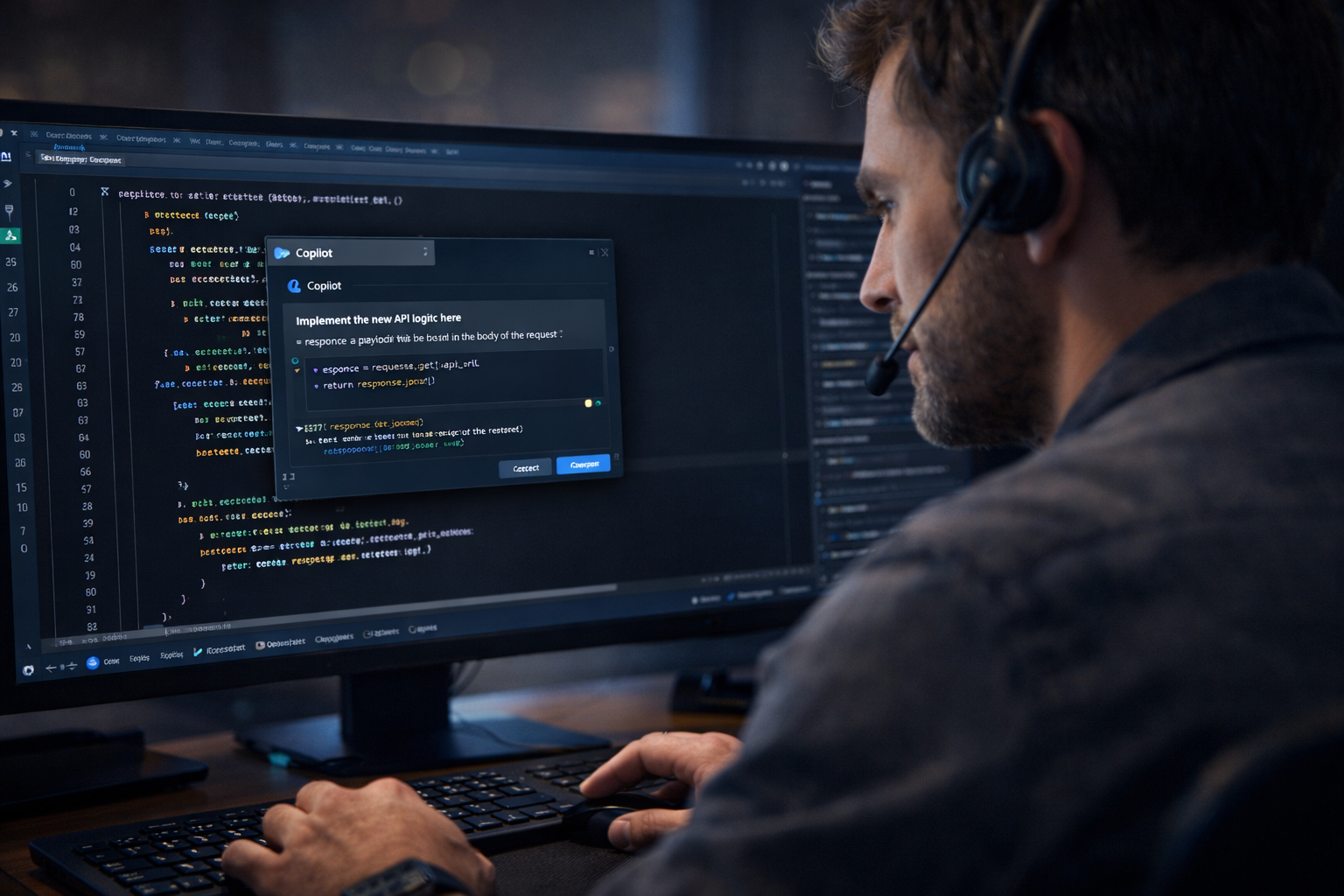 developer using Microsoft Copilot AI coding assistant in enterprise IDE