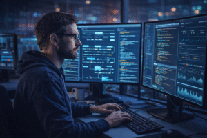 DevOps engineer working with cloud infrastructure and CI/CD pipelines on multiple monitors