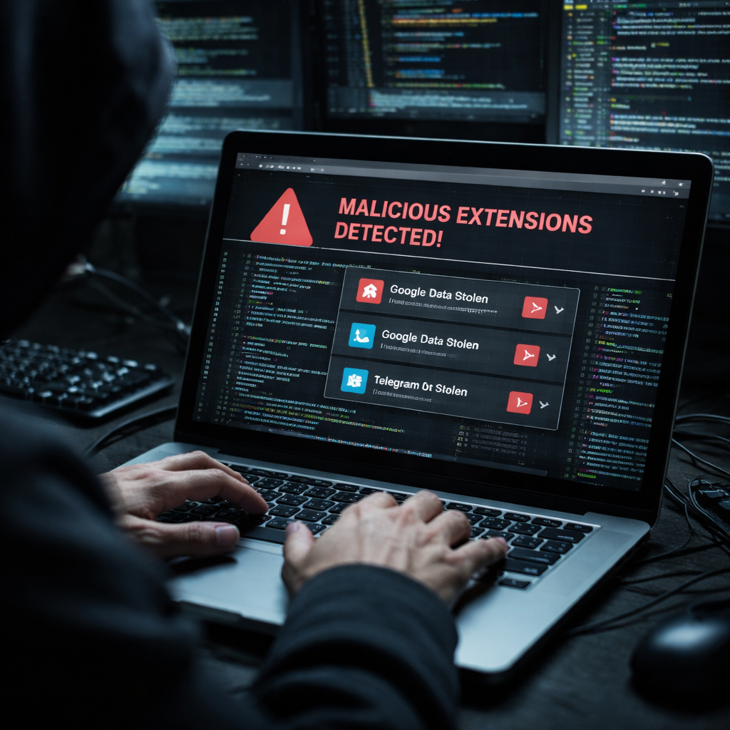 malicious chrome extensions stealing google and telegram data shown on hacker laptop screen