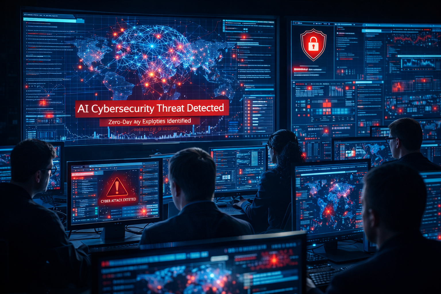AI cybersecurity threat detected across global network with real-time monitoring dashboard and security analysts