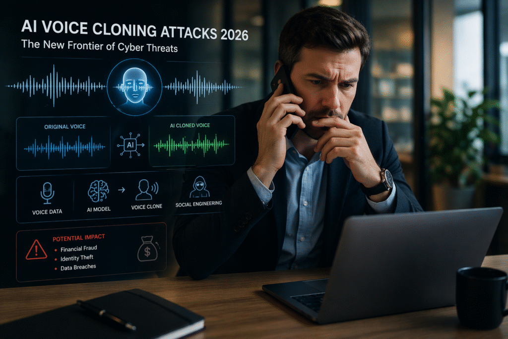 AI voice cloning attacks 2026 phone scam and voice impersonation visualization