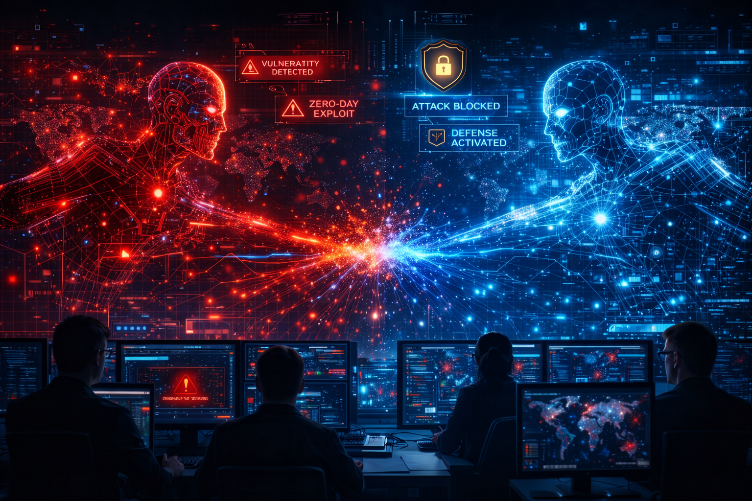 AI cybersecurity threat simulation showing automated attack and defense systems battling across global digital networks