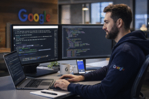 software developer working at desk using AI tools and coding on laptop in modern office environment