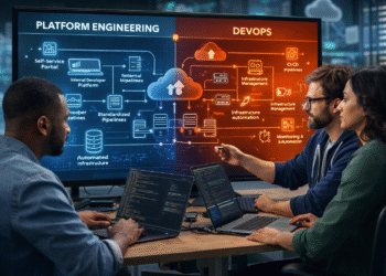 Developers working on platform engineering vs DevOps infrastructure in a modern cloud environment