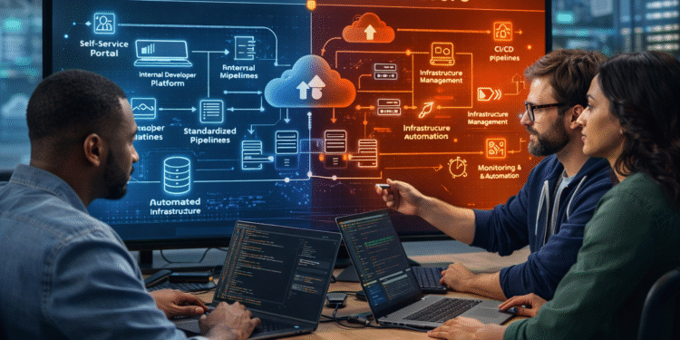 Developers working on platform engineering vs DevOps infrastructure in a modern cloud environment
