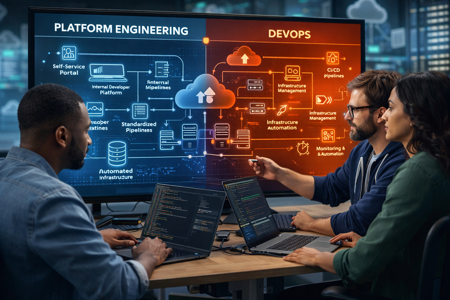 Developers working on platform engineering vs DevOps infrastructure in a modern cloud environment