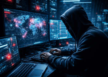 AI cybersecurity threat visualization with digital network vulnerabilities