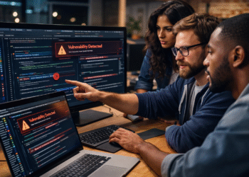 Developers analyzing AI generated code security risks and detecting vulnerabilities in a modern development environment