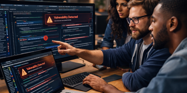 Developers analyzing AI generated code security risks and detecting vulnerabilities in a modern development environment