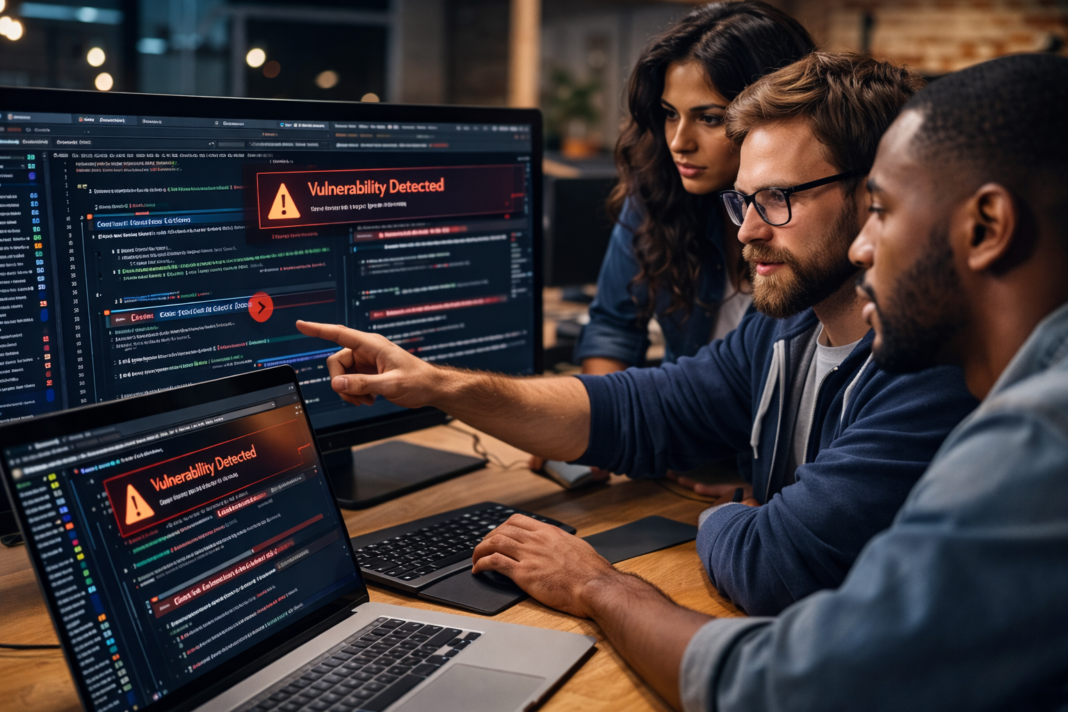 Developers analyzing AI generated code security risks and detecting vulnerabilities in a modern development environment