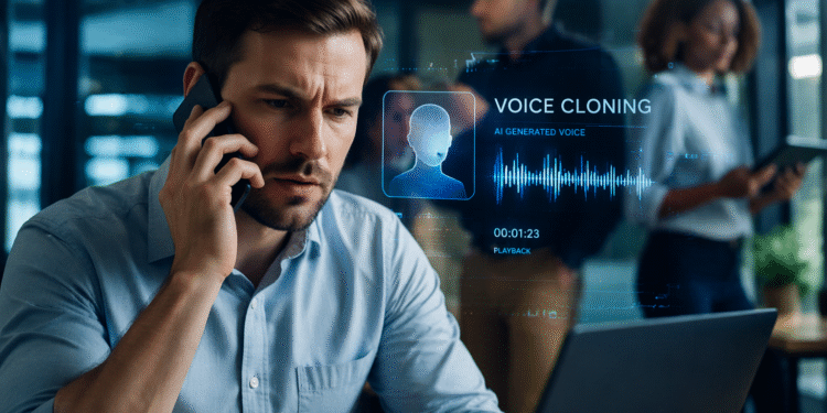 AI voice cloning attacks 2026 cyber threat phone scam visualization