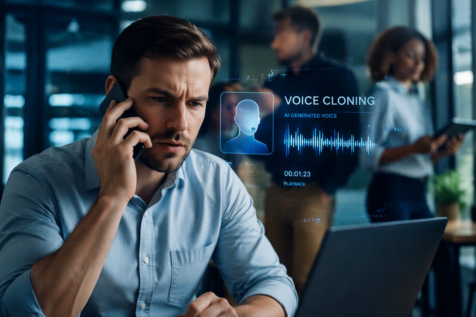 AI voice cloning attacks 2026 cyber threat phone scam visualization