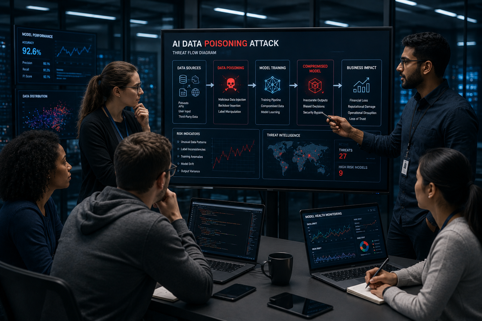 Enterprise security team monitoring AI data poisoning attacks in cybersecurity operations center