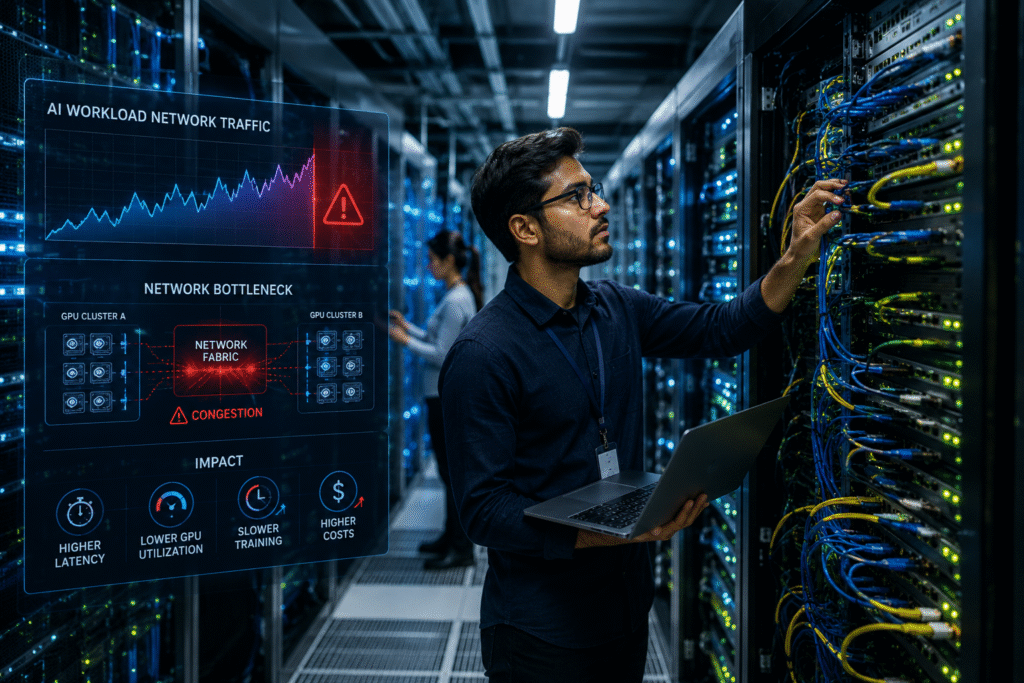 AI networking bottleneck visualization inside a GPU data center with engineers monitoring network congestion and AI workload traffic