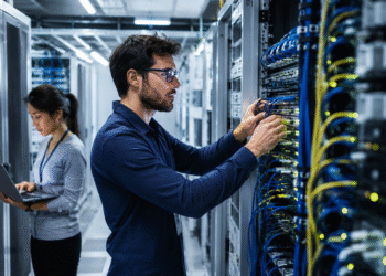 AI networking bottlenecks inside a modern AI data center with engineers managing high-speed GPU network infrastructure