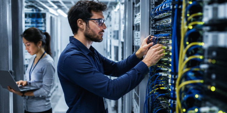 AI networking bottlenecks inside a modern AI data center with engineers managing high-speed GPU network infrastructure