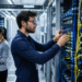 AI networking bottlenecks inside a modern AI data center with engineers managing high-speed GPU network infrastructure