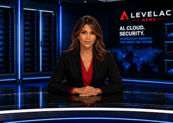 Amanda reporting on AI data center infrastructure crisis inside futuristic LevelAct news studio