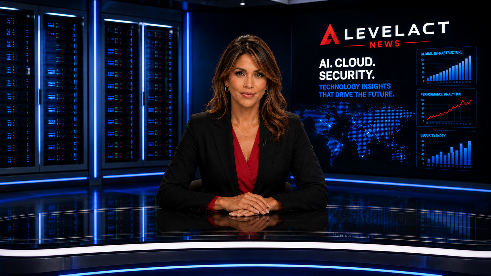 Amanda reporting on AI data center infrastructure crisis inside futuristic LevelAct news studio