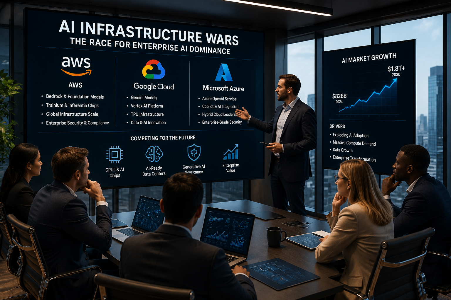 Enterprise executives discussing AI infrastructure wars in a corporate boardroom