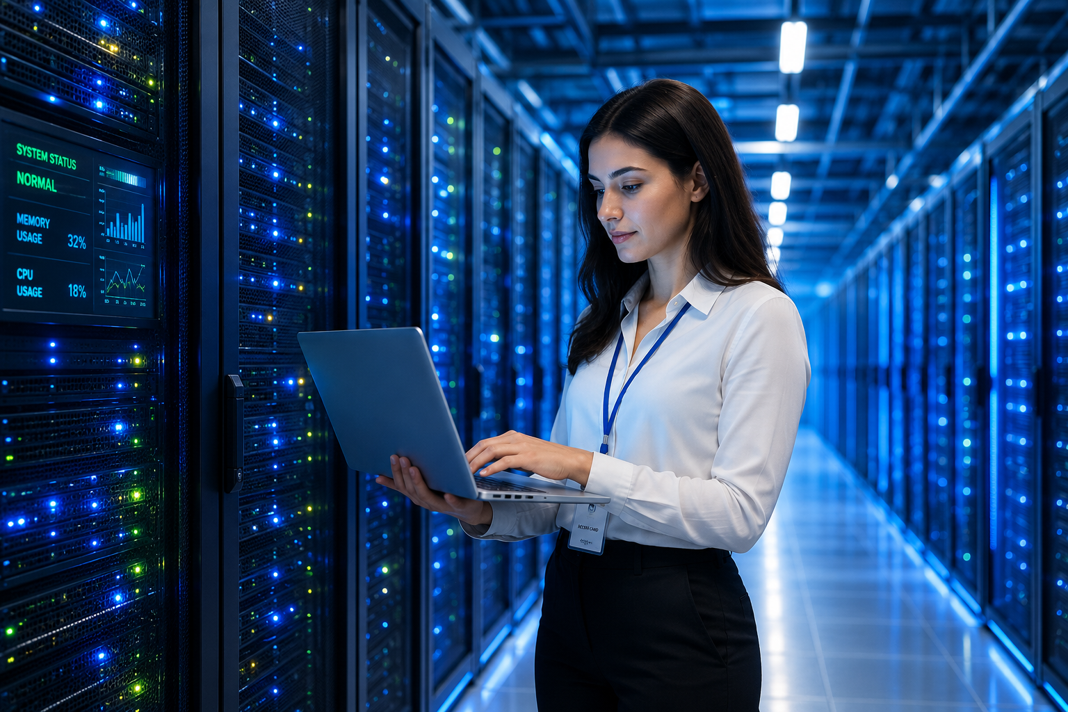 Woman working on laptop inside futuristic AI data center