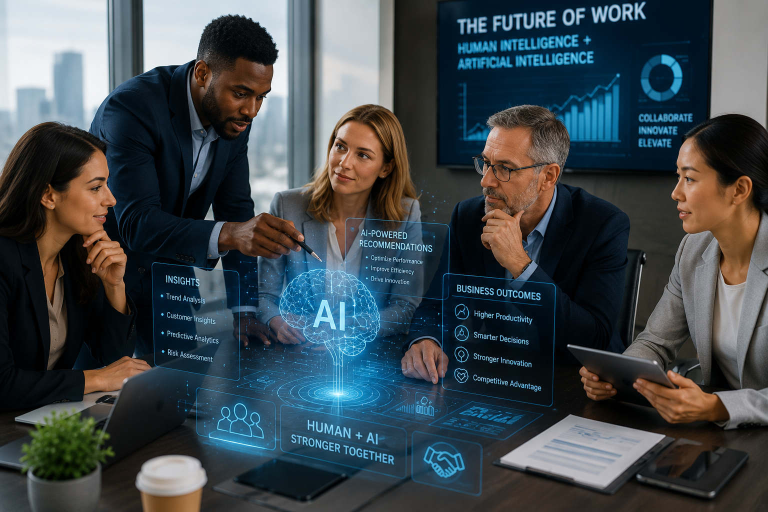 Business professionals collaborating with artificial intelligence tools to improve productivity and innovation