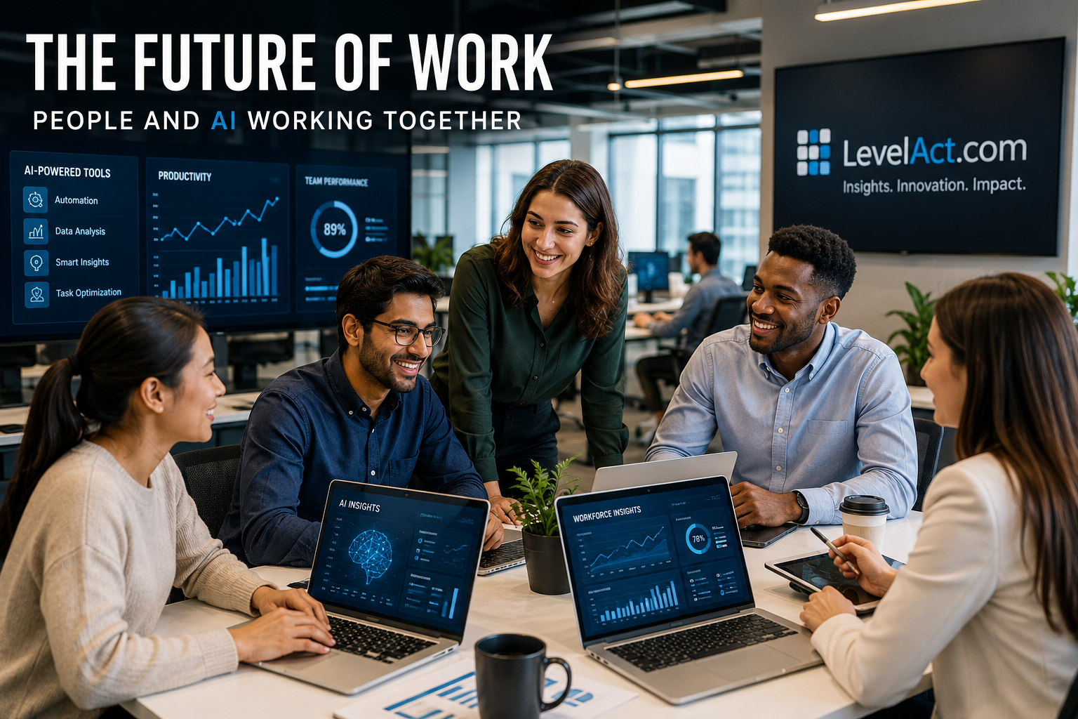 Young professionals using AI-powered tools in a modern office as organizations adapt to the AI Job Shift and the future of work.