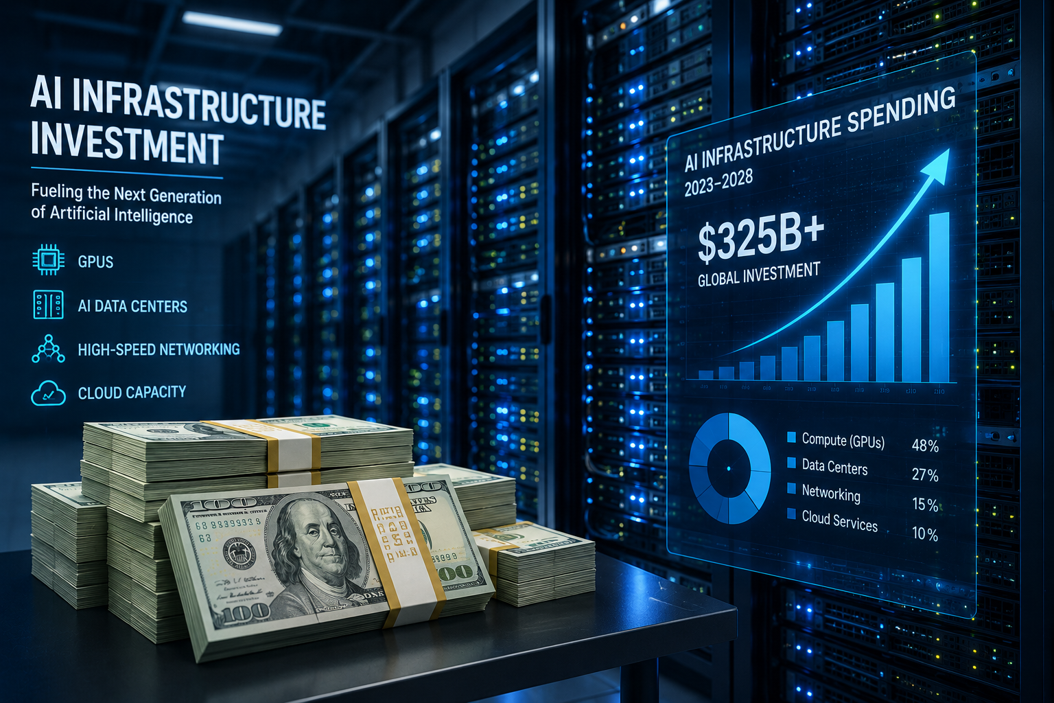AI infrastructure investment data center with enterprise spending, GPUs, networking, cloud capacity, and financial growth