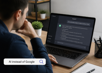 AI instead of Google showing a person using artificial intelligence for search and answers