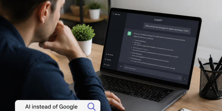 AI instead of Google showing a person using artificial intelligence for search and answers