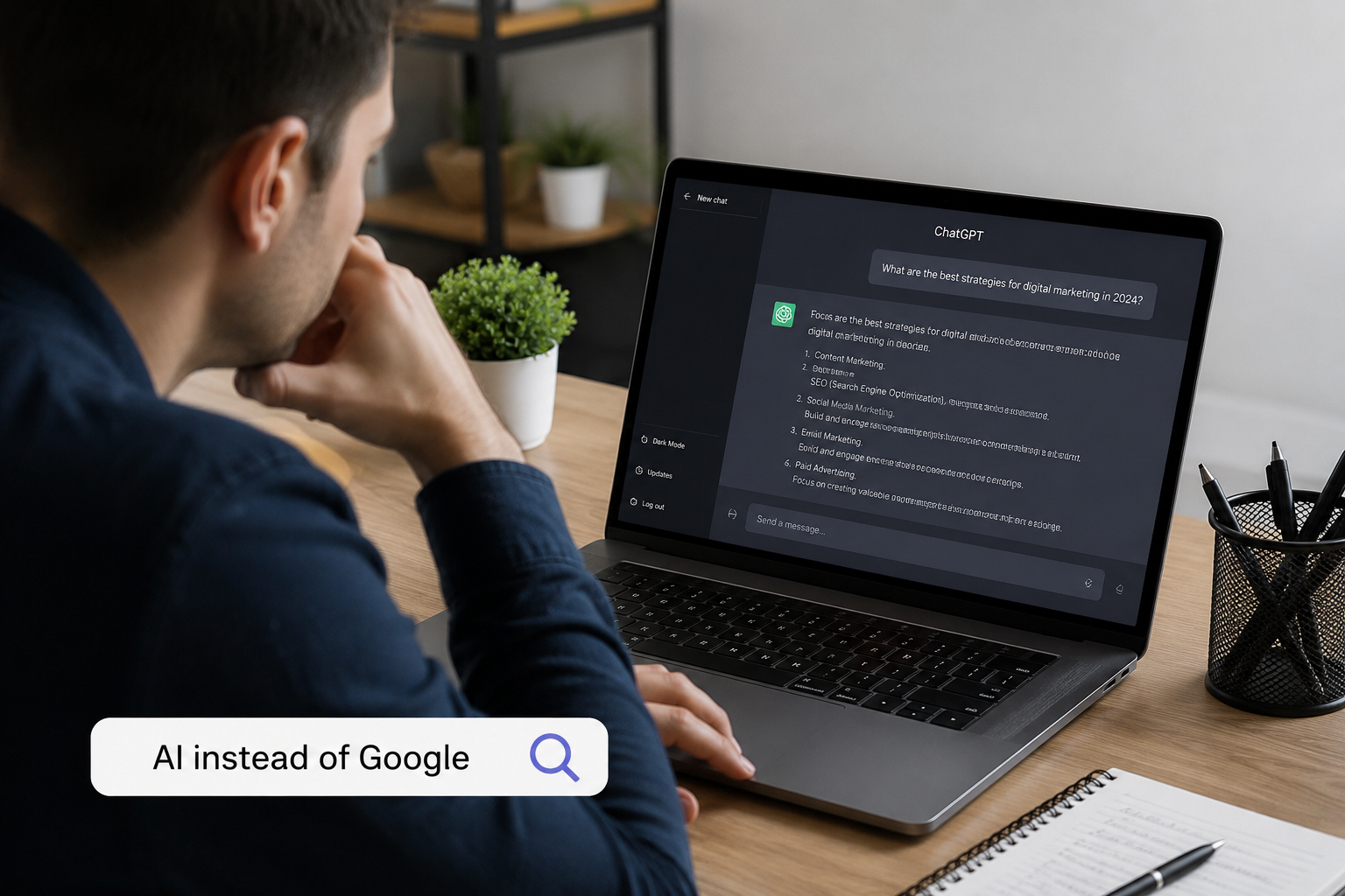 AI instead of Google showing a person using artificial intelligence for search and answers