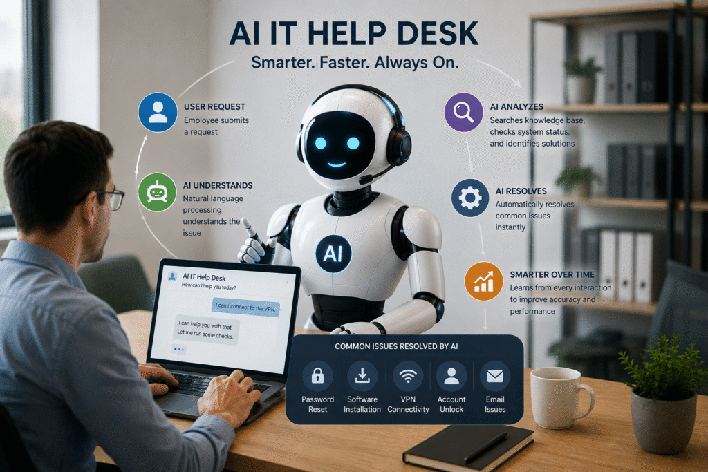 AI IT Help Desk automating enterprise technical support by resolving employee IT requests through intelligent AI workflows