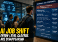 Young professionals reviewing company job openings as artificial intelligence automates many entry-level positions across multiple industries.