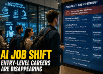 Young professionals reviewing company job openings as artificial intelligence automates many entry-level positions across multiple industries.