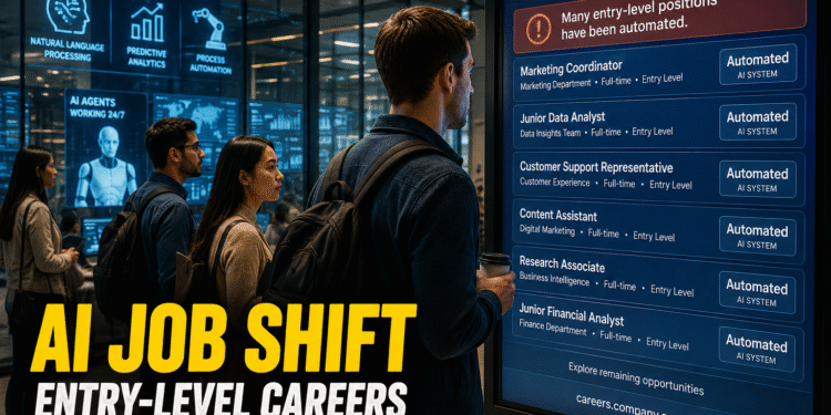 Young professionals reviewing company job openings as artificial intelligence automates many entry-level positions across multiple industries.