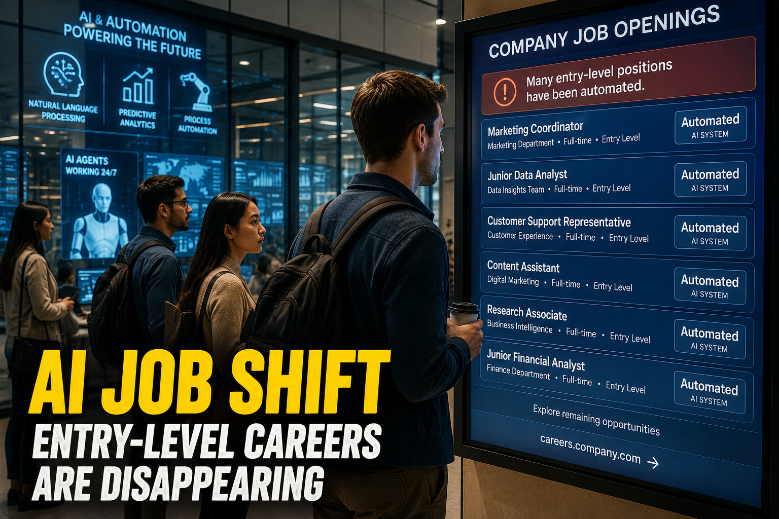 Young professionals reviewing company job openings as artificial intelligence automates many entry-level positions across multiple industries.