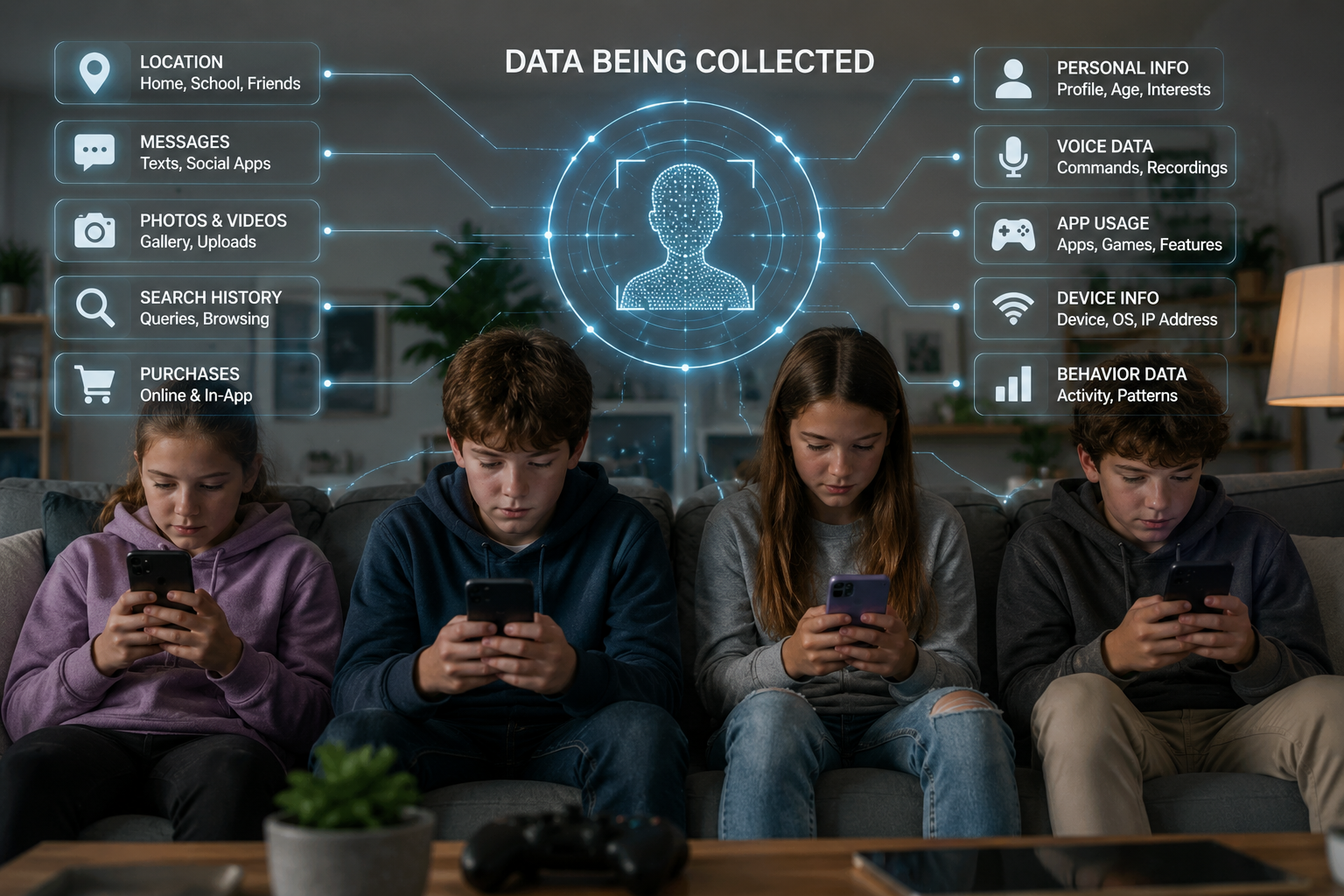 Children using smartphones while artificial intelligence collects data including location, messages, browsing history, app usage, and personal preferences.