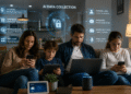 The AI Privacy Crisis Family using smartphones, tablets, and smart devices as artificial intelligence collects and analyzes personal data in everyday life.