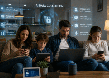The AI Privacy Crisis Family using smartphones, tablets, and smart devices as artificial intelligence collects and analyzes personal data in everyday life.