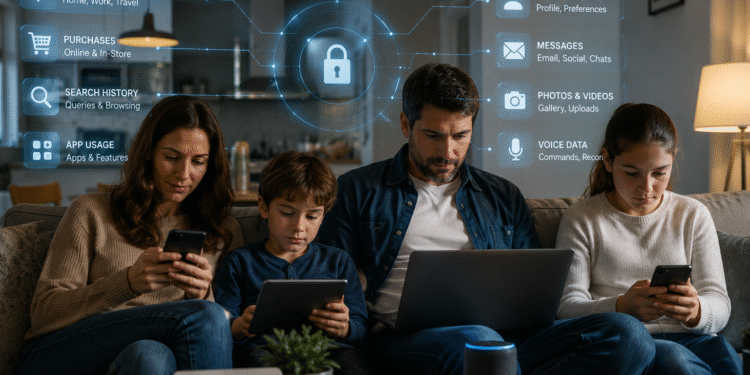 The AI Privacy Crisis Family using smartphones, tablets, and smart devices as artificial intelligence collects and analyzes personal data in everyday life.