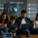 The AI Privacy Crisis Family using smartphones, tablets, and smart devices as artificial intelligence collects and analyzes personal data in everyday life.