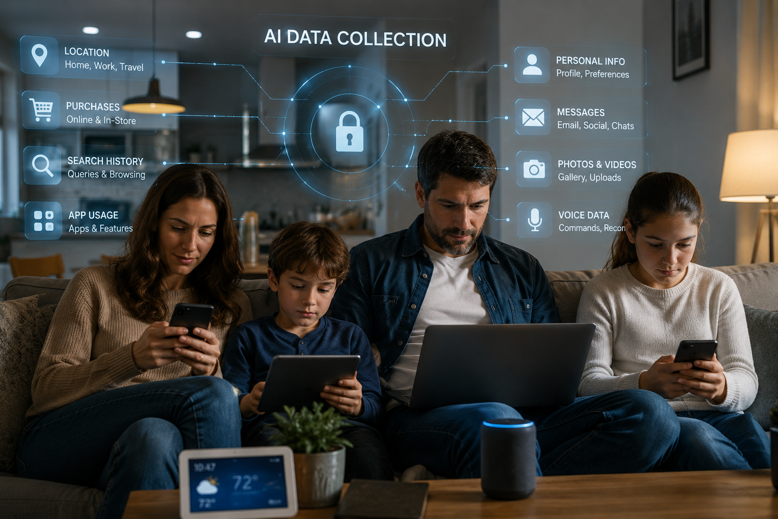 The AI Privacy Crisis Family using smartphones, tablets, and smart devices as artificial intelligence collects and analyzes personal data in everyday life.