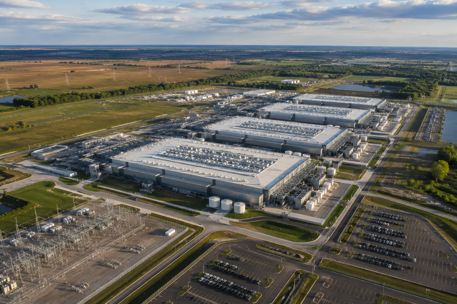 Aerial view of a massive AI data center complex built beside farmland in rural America