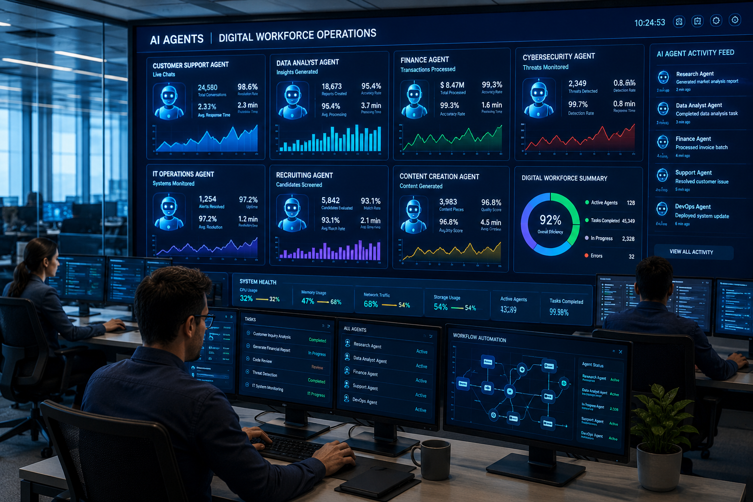 Digital workforce operations center using AI employees to automate enterprise workflows, customer support, cybersecurity, and business processes.