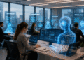 Digital workforce powered by AI employees working alongside human professionals in a modern enterprise office.
