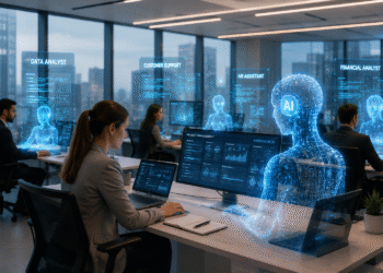 Digital workforce powered by AI employees working alongside human professionals in a modern enterprise office.
