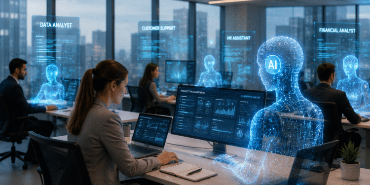 Digital workforce powered by AI employees working alongside human professionals in a modern enterprise office.