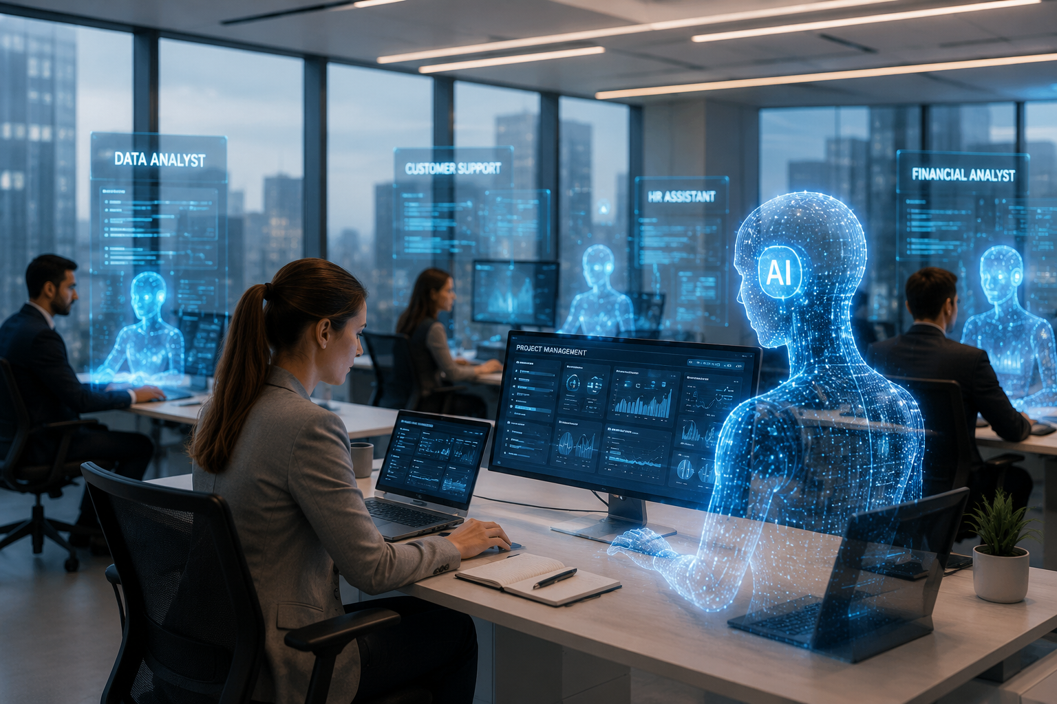 Digital workforce powered by AI employees working alongside human professionals in a modern enterprise office.