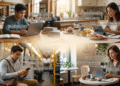 Everyday people using AI in daily life including students, office workers, parents, and small business owners using AI tools to write, search, and learn faster