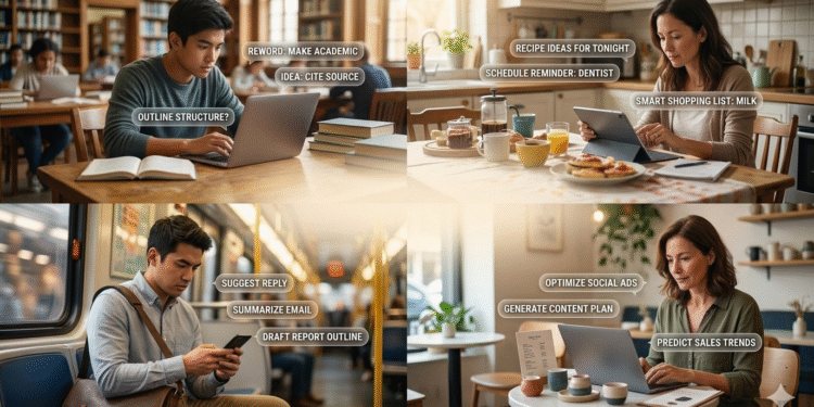 Everyday people using AI in daily life including students, office workers, parents, and small business owners using AI tools to write, search, and learn faster